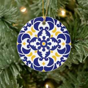 Adorno De Cerámica Patrón azul y amarillo de mosaicos mediterráneos