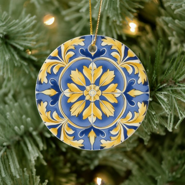 Adorno De Cerámica Patrón Botánico Mediterráneo - Azul y Amarillo (Árbol)