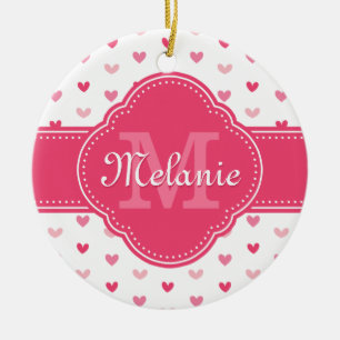 Adorno De Cerámica Patrón cardíaco blanco y rosado con monograma