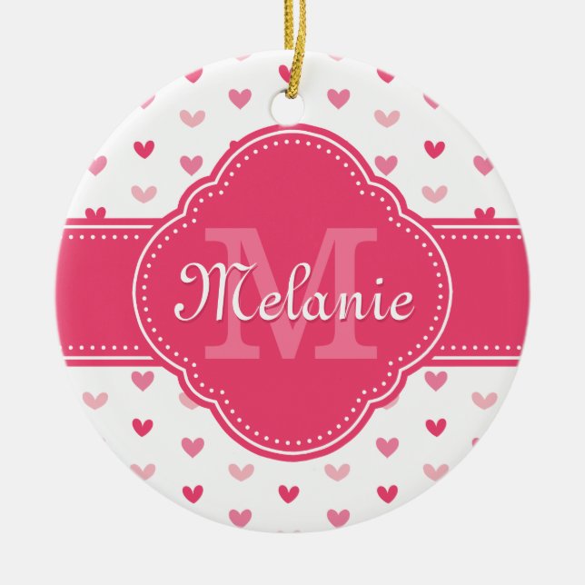 Adorno De Cerámica Patrón cardíaco blanco y rosado con monograma (Frente)