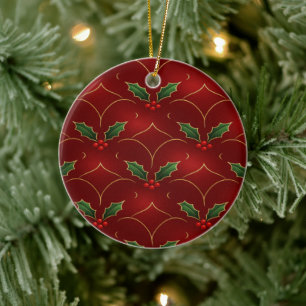 Adorno De Cerámica Patrón de Acebo Rojo - Estilo de Navidad Elegante