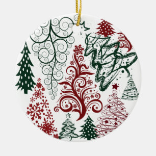 Adorno De Cerámica Patrón de árbol de navidad verde rojo