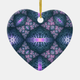 Adorno De Cerámica Patrón de arte fractal 3D corazón turquesa púrpura