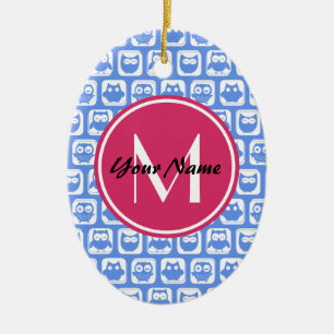 Adorno De Cerámica Patrón de búho azul Personalizado rosado Monograma