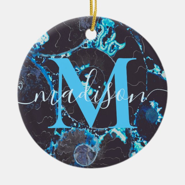 Adorno De Cerámica Patrón de cáscara de Nautilus negro azul, geometrí (Frente)