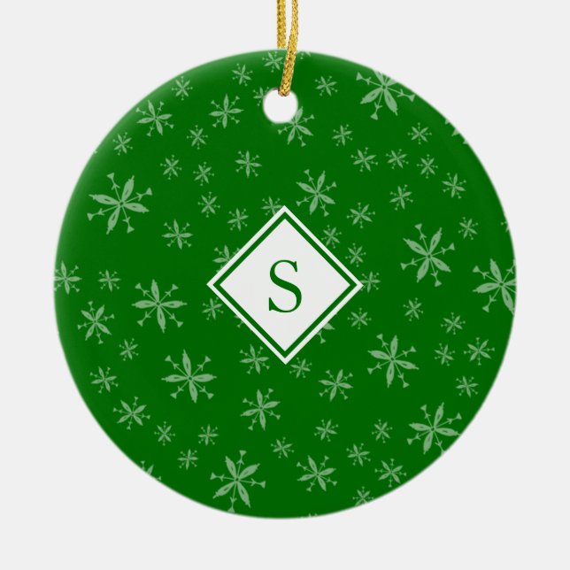 Adorno De Cerámica Patrón de copo de nieve Navidades verdes monograma (Frente)