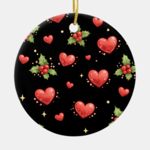 Adorno De Cerámica Patrón de corazones y acebo de Navidad