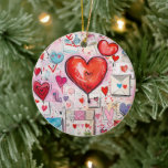 Adorno De Cerámica Patrón de corazones y letras de amor caprichosos<br><div class="desc">Ornamento con un patrón caprichoso. Doodles y garabatos al estilo de los cuadernos. Corazones rojos y rosados y varias cartas y sobres repartidos por todas partes.</div>