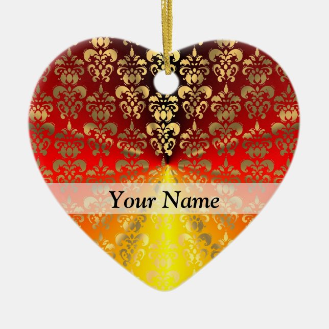 Adorno De Cerámica patrón de damasco de oro y naranja (Frente)