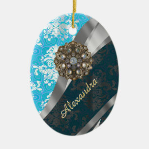 Adorno De Cerámica Patrón de damasco giratorio de bonito azul pálido