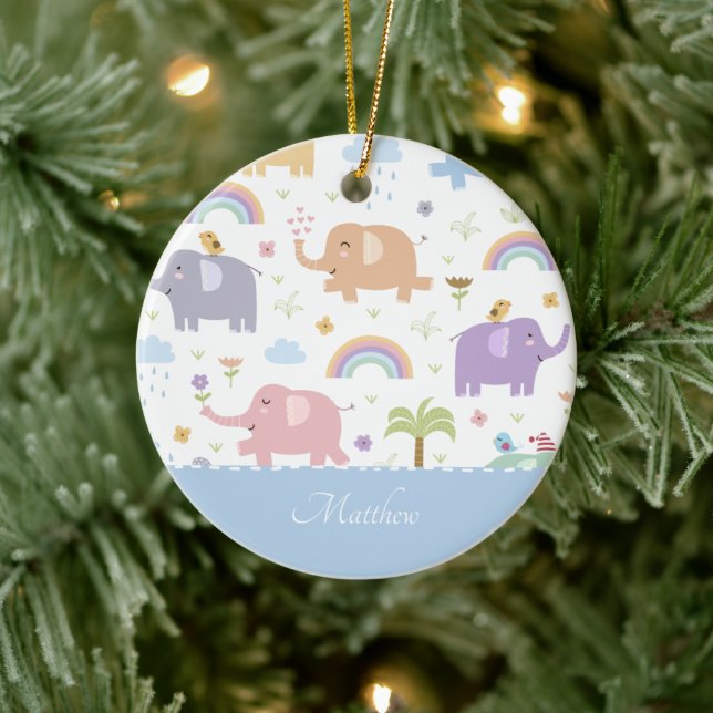 Adorno De Cerámica Patrón de elefante azul pastel Navidades de niños  (Árbol)