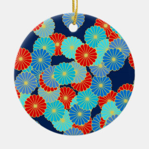 Adorno De Cerámica Patrón de flores Art Decó - azul, turquesa y rojo