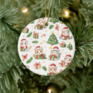 Adorno De Cerámica Patrón de gatos y regalos de Navidad