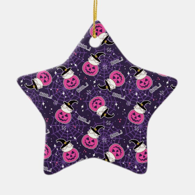 Adorno De Cerámica Patrón de Halloween de gatos y calabazas (Frente)