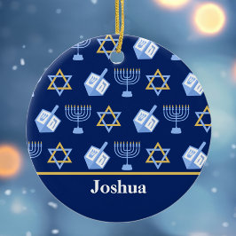 Adorno De Cerámica Patrón de Hanukkah lindo Monograma azul vacaciones