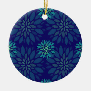 Adorno De Cerámica Patrón de hojas florales modernas azul marino y ve
