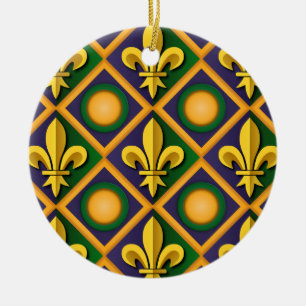 Adorno De Cerámica patrón de Mardi grass con flor-de-lis dorada