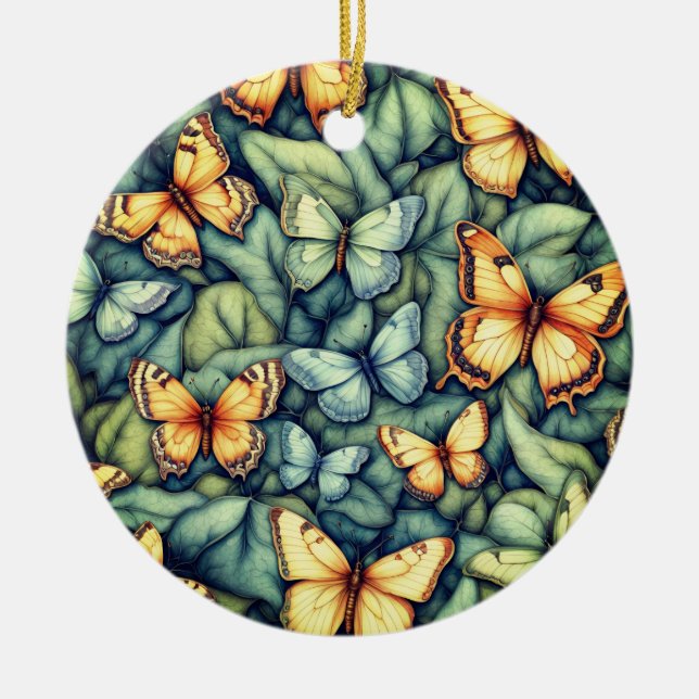Adorno De Cerámica Patrón de mariposas Tonos amarillos verdes azules (Frente)