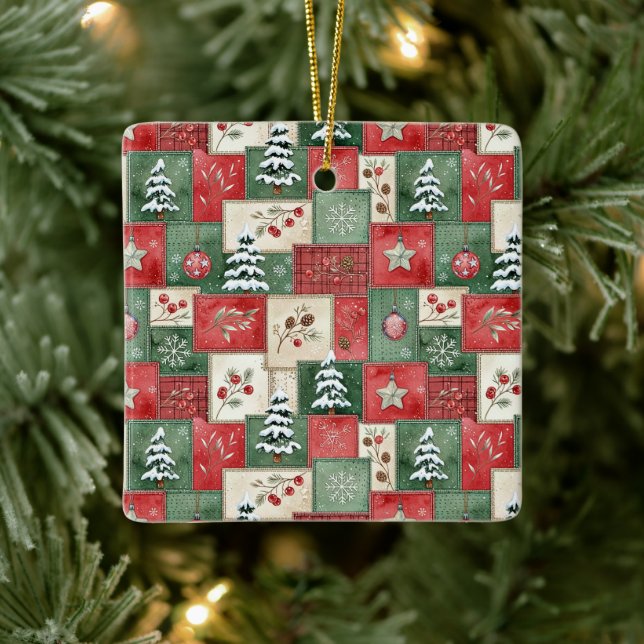 Adorno De Cerámica Patrón de Navidad de patchwork campestre (Árbol)