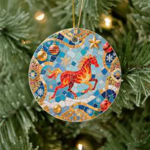 Adorno De Cerámica Patrón de Navidades de Caballos Rojos Fiery de Año
