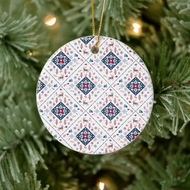 Adorno De Cerámica Patrón de Navidades nórdicos, copos de nieve y ren (Árbol)