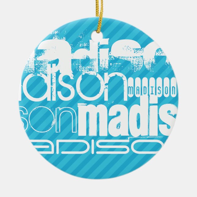 Adorno De Cerámica Patrón de nombre personalizado; franjas azul cielo (Frente)