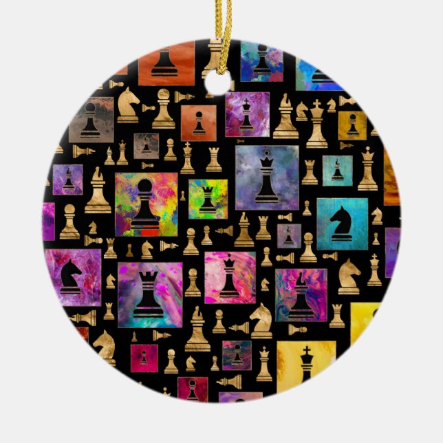 Adorno De Cerámica Patrón de piezas de ajedrez - pintura y oro (Frente)