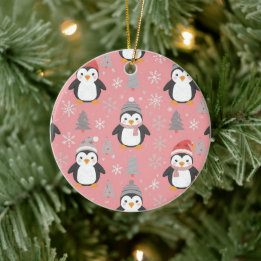 Adorno De Cerámica Patrón de Pingüinos de Navidad Rosa Gris