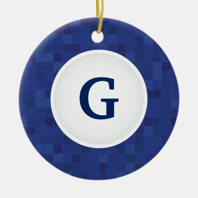 Adorno De Cerámica Patrón de píxeles de mosaico azul monograma person (Frente)