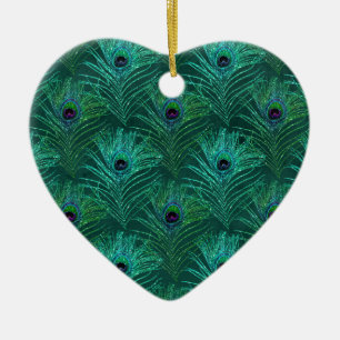 Adorno De Cerámica Patrón de plumas de pavo real verde del pavo real