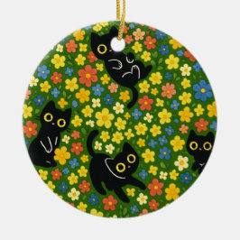 Adorno De Cerámica Patrón de prado floral con gatos negros lindos
