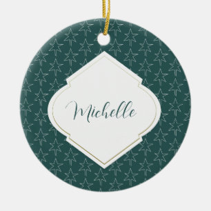 Adorno De Cerámica Patrón Estrellas navidades Monogramado Verde Pino