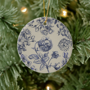 Adorno De Cerámica Patrón Floral Botánico Toile Azul Vintage