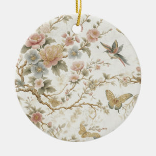 Adorno De Cerámica Patrón floral chino vintage con colibrí