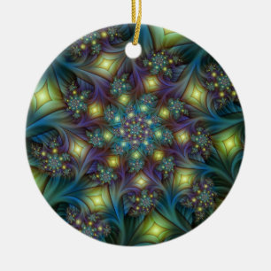 Adorno De Cerámica Patrón fractal azul violeta iluminado