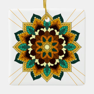 Adorno De Cerámica Patrón Mandala 02 en amarillo y marrón