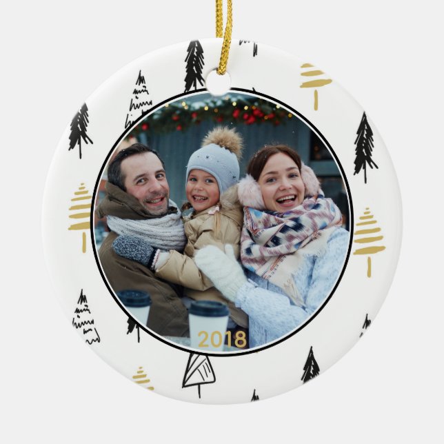 Adorno De Cerámica Patrón moderno de árbol de Navidad negro y dorado (Frente)