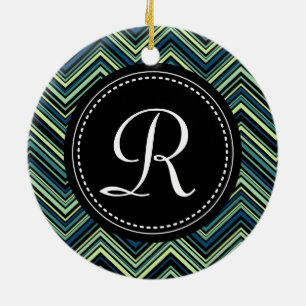 Adorno De Cerámica Patrón Monogramado Azul Negro Tribal Chevron