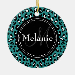Adorno De Cerámica Patrón Monogramado de Leopardo Blanco Negro Verde 