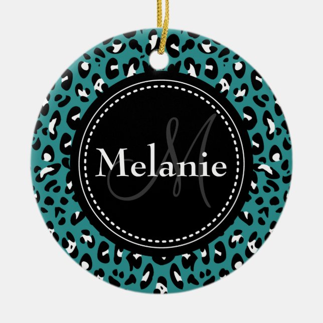 Adorno De Cerámica Patrón Monogramado de Leopardo Blanco Negro Verde  (Frente)