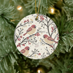 Adorno De Cerámica Patrón Navideño Rústico de Pájaro y Poinsettia