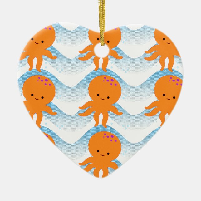 Adorno De Cerámica Patrón Octopus Y Ondas Azules naranjas (Frente)