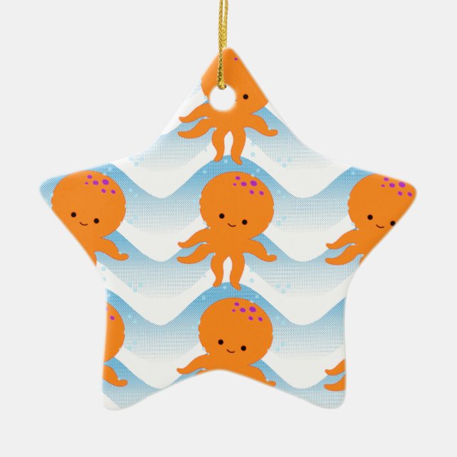 Adorno De Cerámica Patrón Octopus Y Ondas Azules naranjas (Frente)