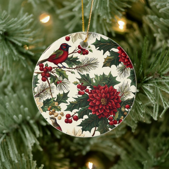 Adorno De Cerámica Patrón Rústico de Navidades de aves y poinsettia ( (Árbol)