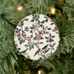 Adorno De Cerámica Patrón Rústico de Navidades de Pájaro y Poinsettia