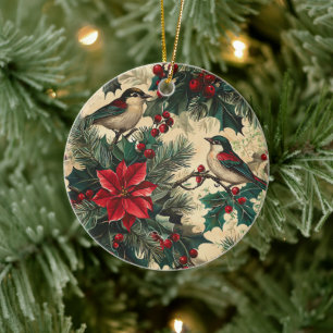 Adorno De Cerámica Patrón Rústico de Navidades de Pájaros y Poinsetti