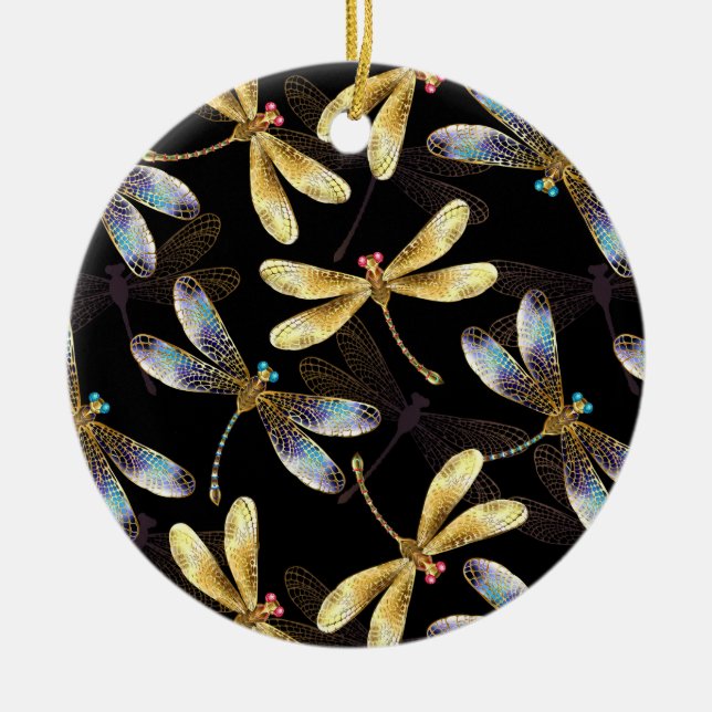 Adorno De Cerámica Patrón sin foco con Dragonflies dorados (Frente)