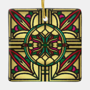 Adorno De Cerámica Patrón vintage de vidrio emplomado en dorado y roj