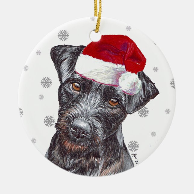 Adorno De Cerámica Patterdale Terrier - Santa Hat Navidades Bauble D (Frente)