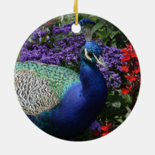 Adorno De Cerámica Pavo real colorido entre flores moradas